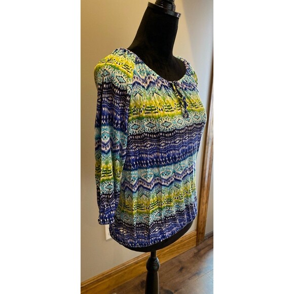 Jones New York Blouse Size XL Top Elastic Rounded Neckline Blues Green Design - Picture 3 of 9